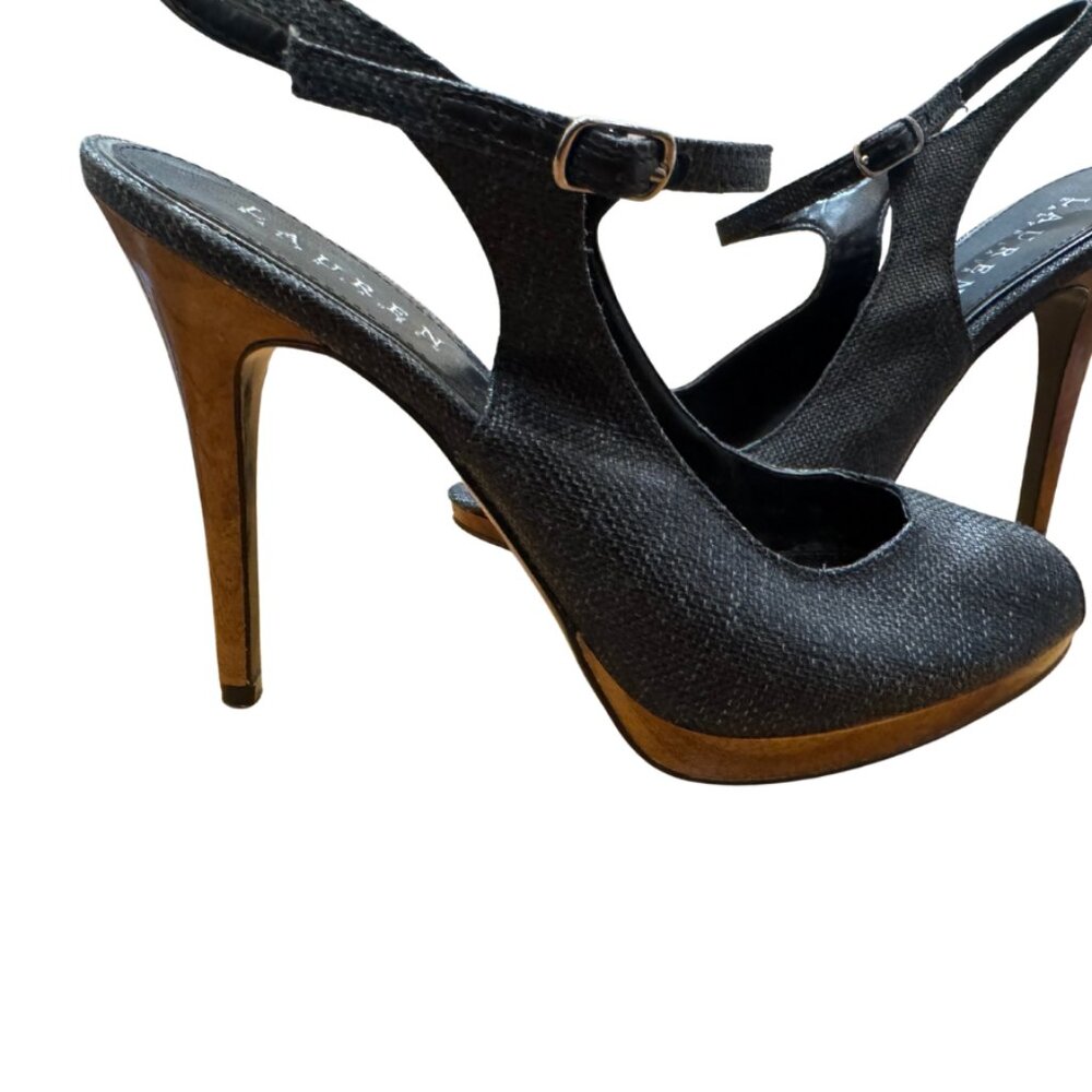 Ralph Lauren Stiletto Heels Black Panama Lacquered Straw Wood